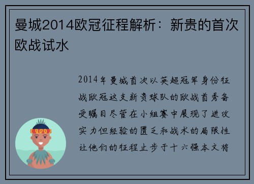 曼城2014欧冠征程解析：新贵的首次欧战试水